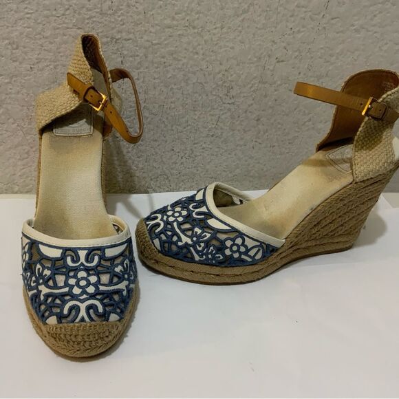 Tory Burch Lucia Lace Wedge Espadrille, Tory Navy white 8.5 M - Picture 3 of 11